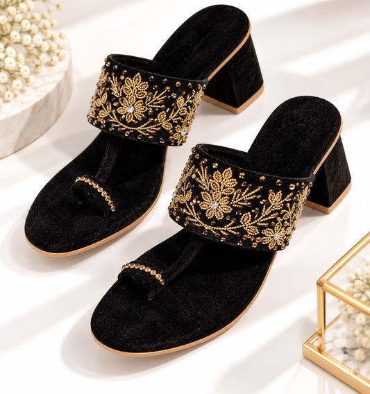 Women’s Black Embellished Toe-Loop Heels – Gold Floral Block Heel Sandals