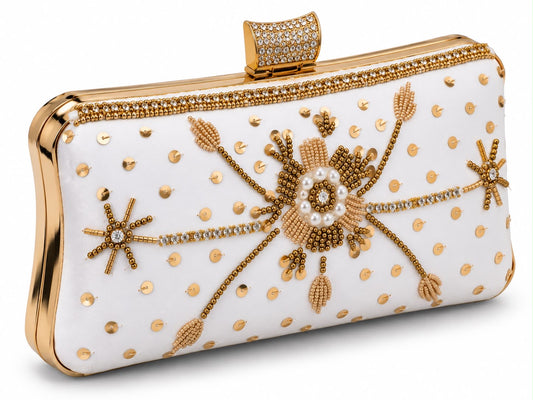 Elegant White & Gold Beaded Clutch Bag – Pearl Embellished Evening Purse