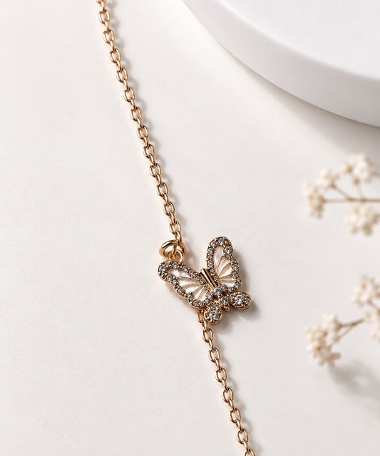 Gold Butterfly Charm Anklet with Crystal Detailing