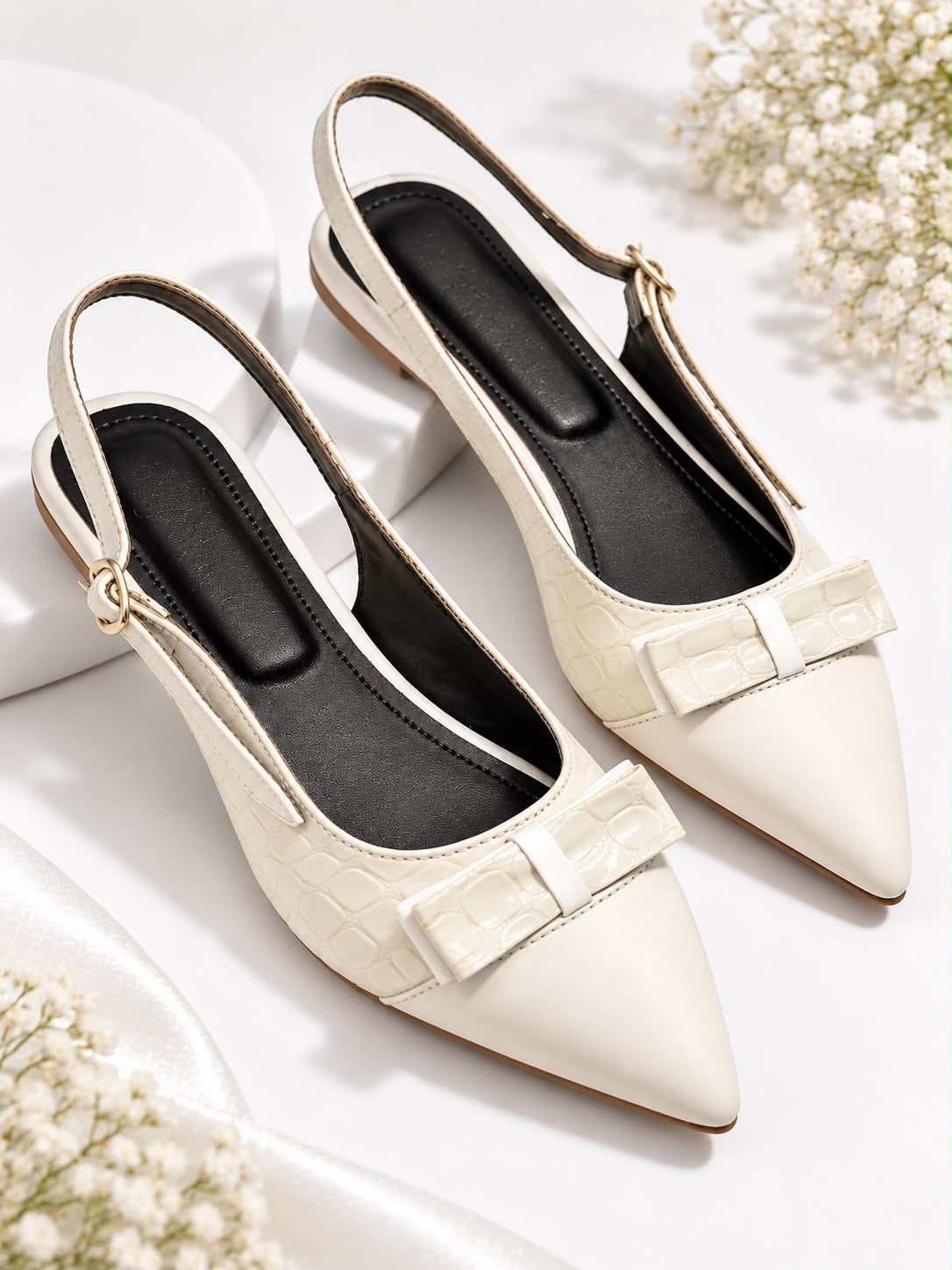 Women’s Ivory Croc-Texture Slingback Heels with Bow Detail