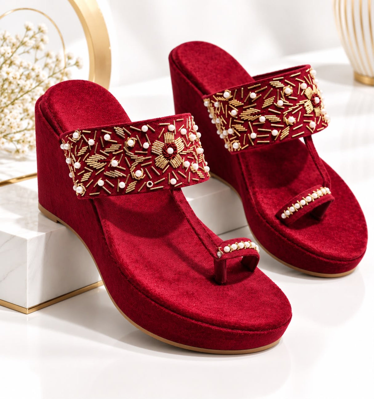 Embellished Red Velvet Wedge Sandals for Women