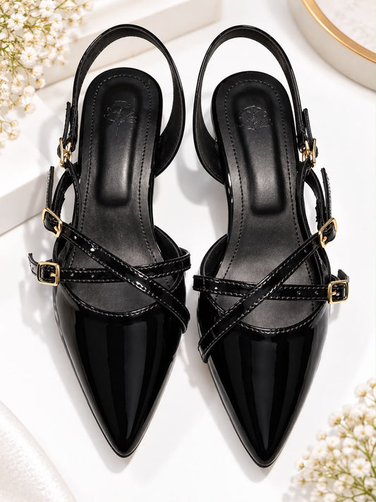 Women’s Black Patent Slingback Heels with Double Buckle Straps