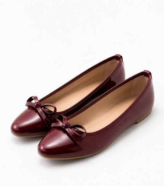 Burgundy Patent Mary Jane Flats with Bow Detail