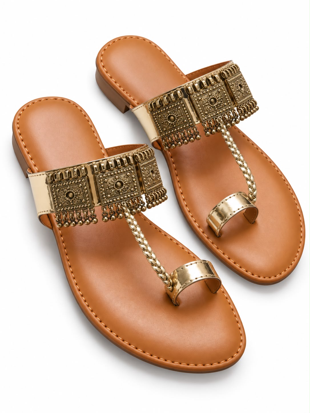 Gold Embellished Toe-Loop Flat Sandals for Women