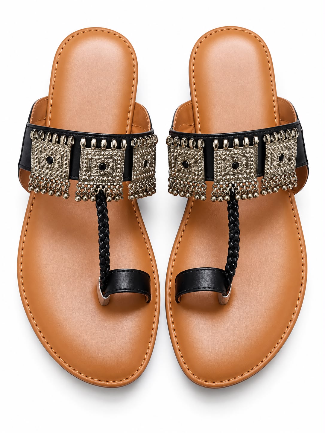 Black Embellished Toe-Loop Flat Sandals for Women