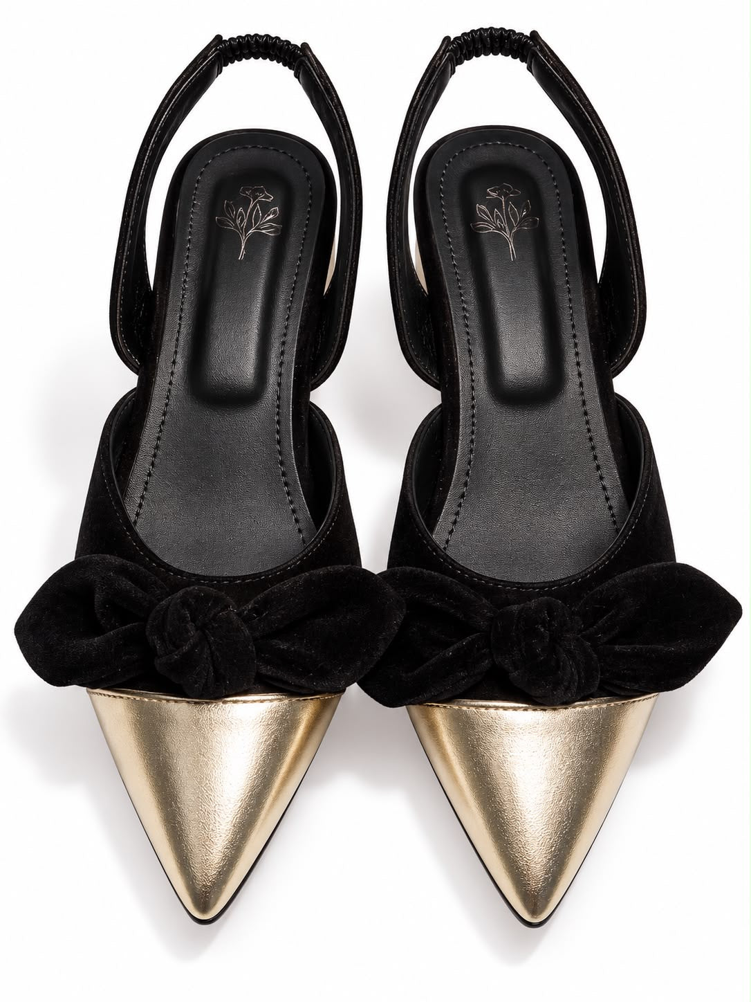 Elegant Bow Pointed Toe Slingback Heels – Black & Gold