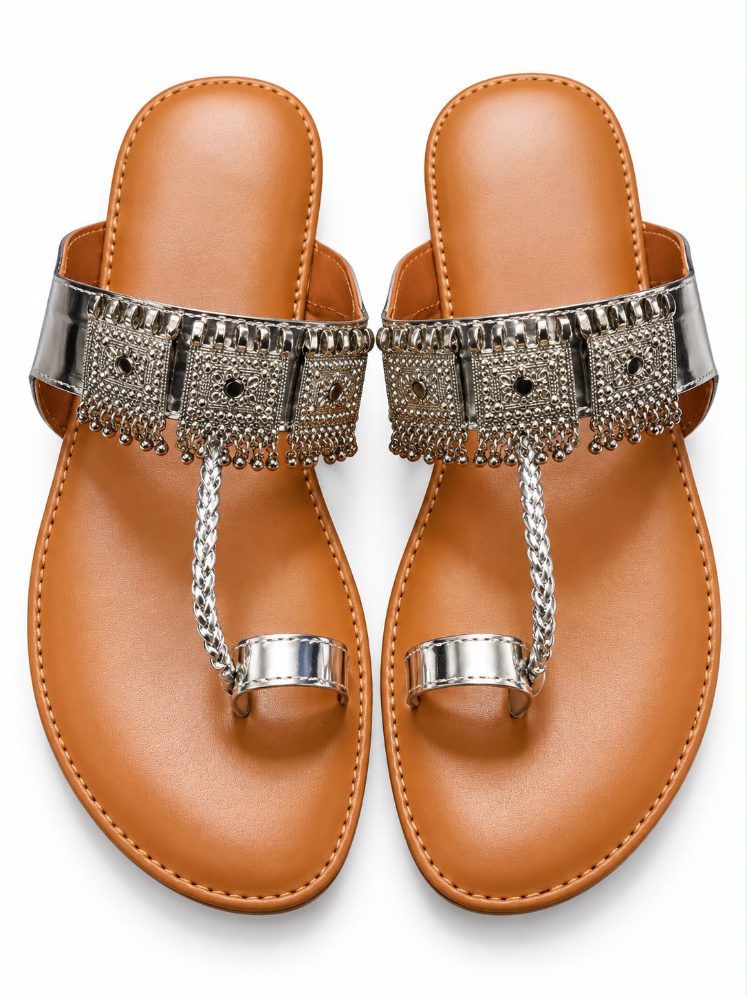 Silver Embellished Toe-Loop Flat Sandals for Women