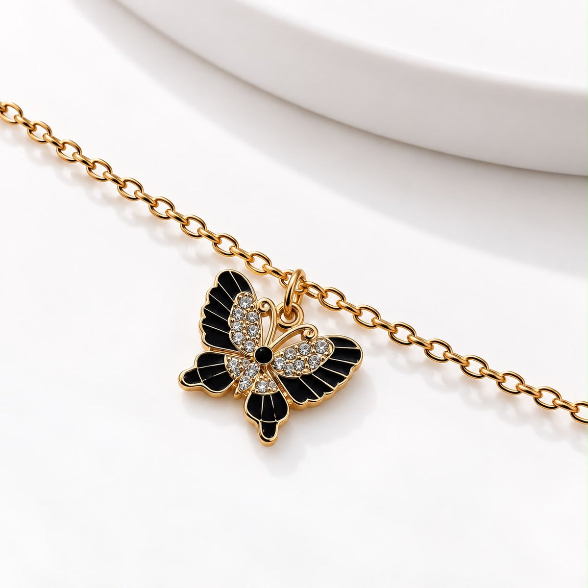 Black Butterfly Charm Gold Anklet with Crystal Details