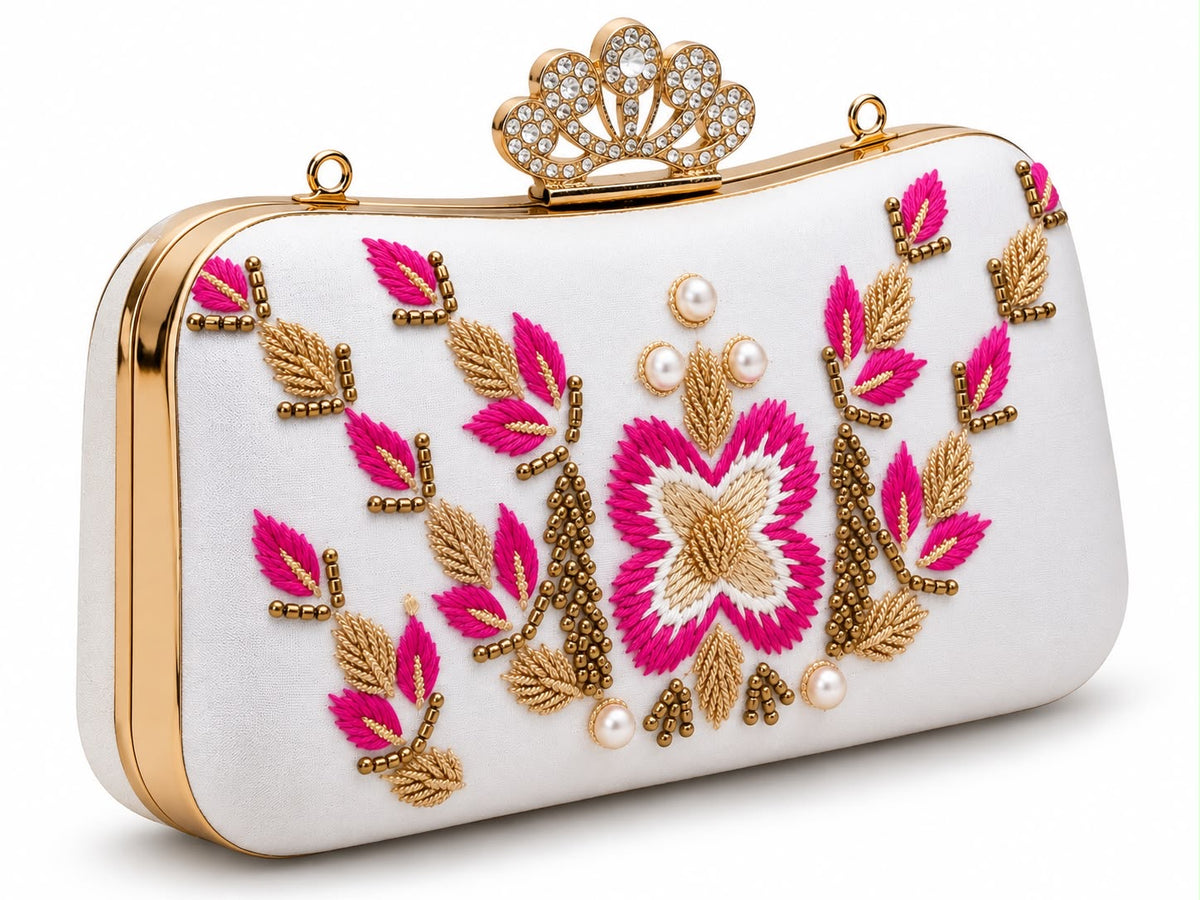 White & Pink Floral Beaded Clutch Bag – Gold Embroidered Evening Purse with Pearl Details