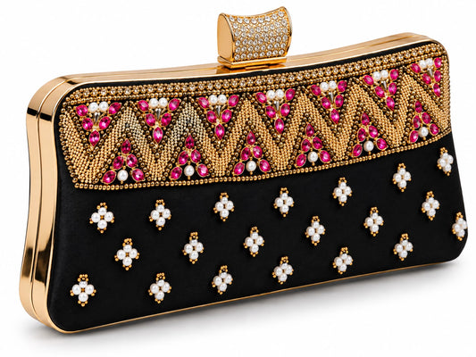 Luxury Black Beaded Clutch Bag – Gold & Ruby Crystal Pearl Evening Purse