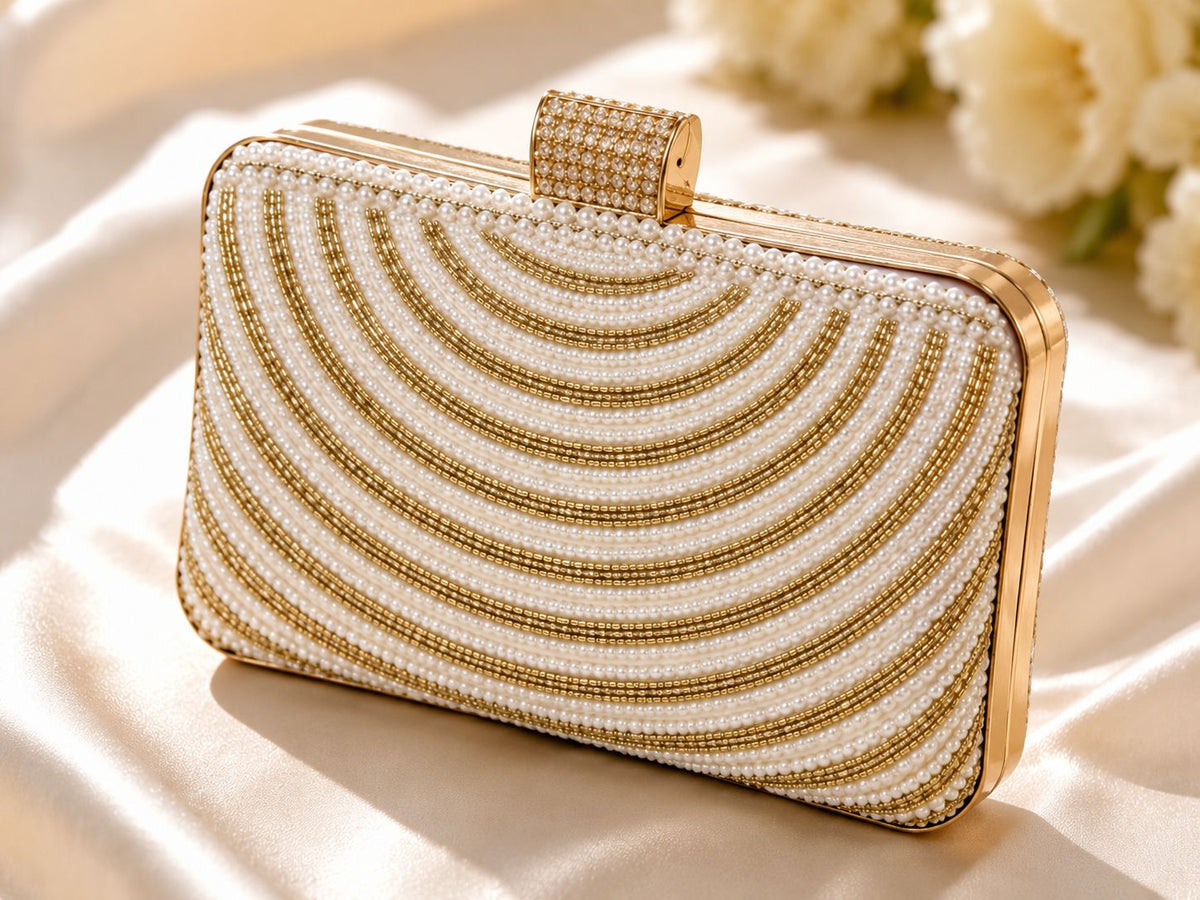 Elegant Pearl & Gold Beaded Evening Clutch Bag for Women