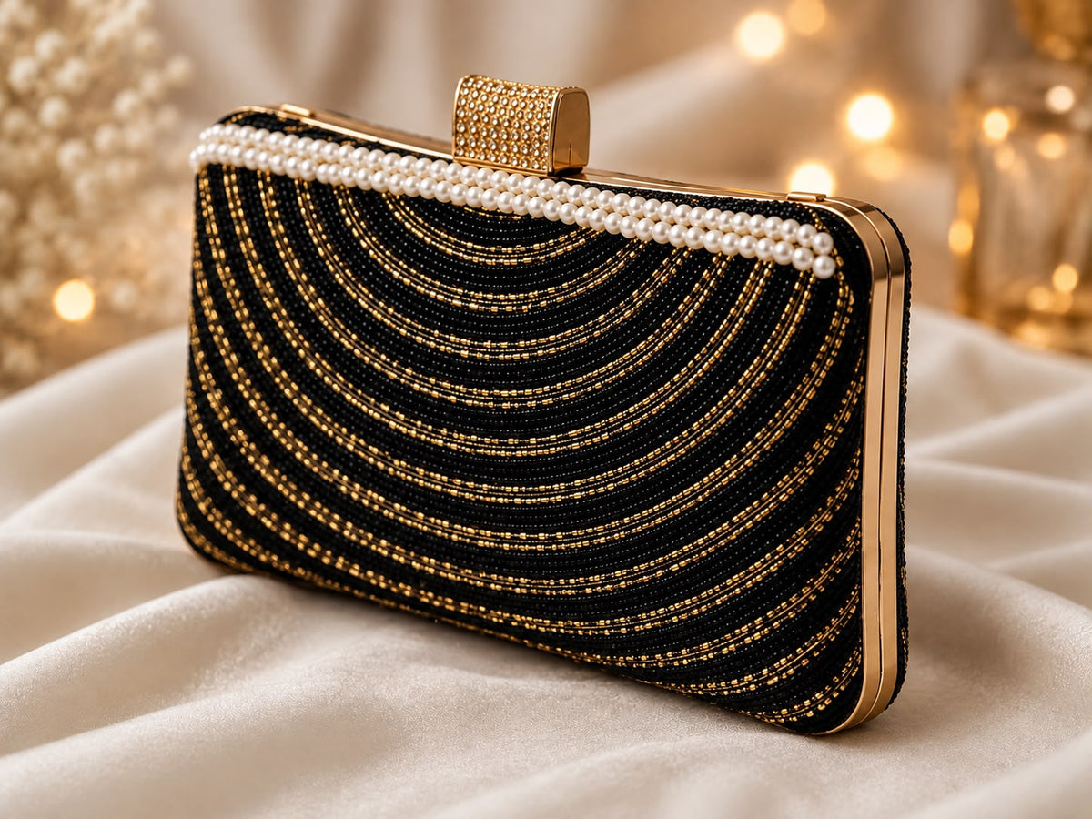 Black & Gold Beaded Pearl Evening Clutch