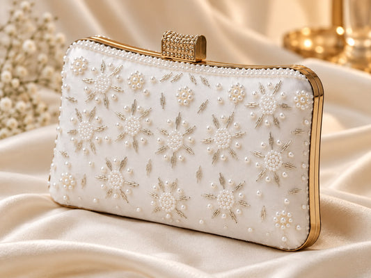 Pearl & Beaded Embroidered Clutch Bag | Elegant White Evening & Wedding Handbag
