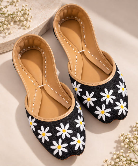 Black Daisy Embroidered Flat