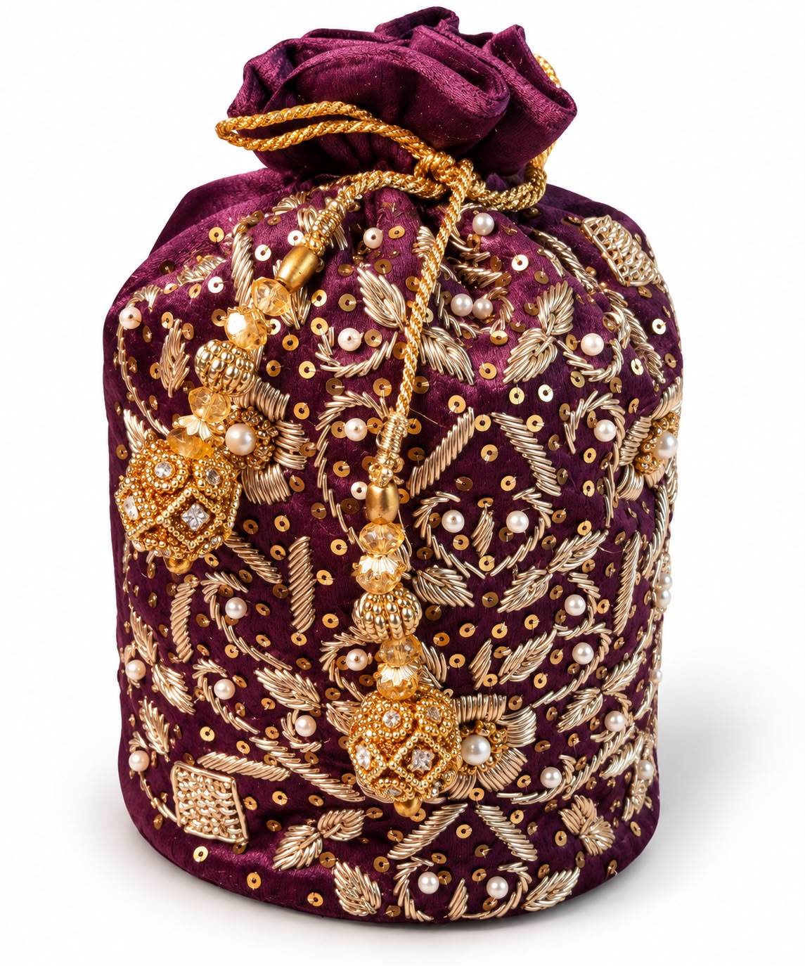 Burgundy Velvet Embroidered Potli Bag