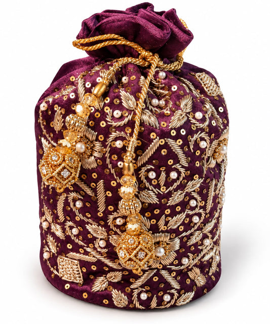Burgundy Velvet Embroidered Potli Bag
