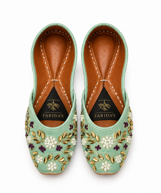 Mint Green Pearl & Gold Embroidered Traditional Khussa