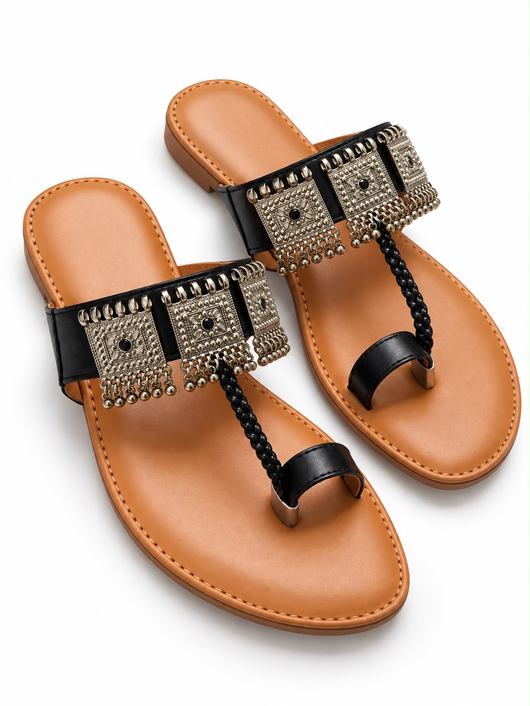Black Embellished Toe-Loop Flat Sandals for Women