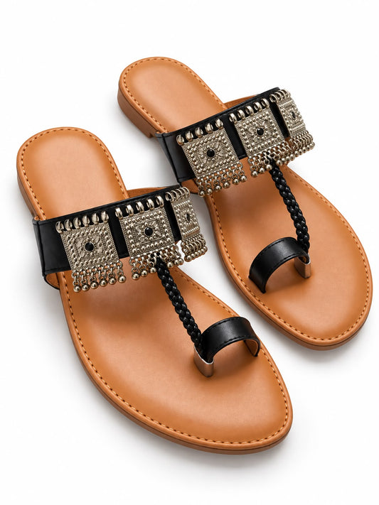 Black Embellished Toe-Loop Flat Sandals for Women