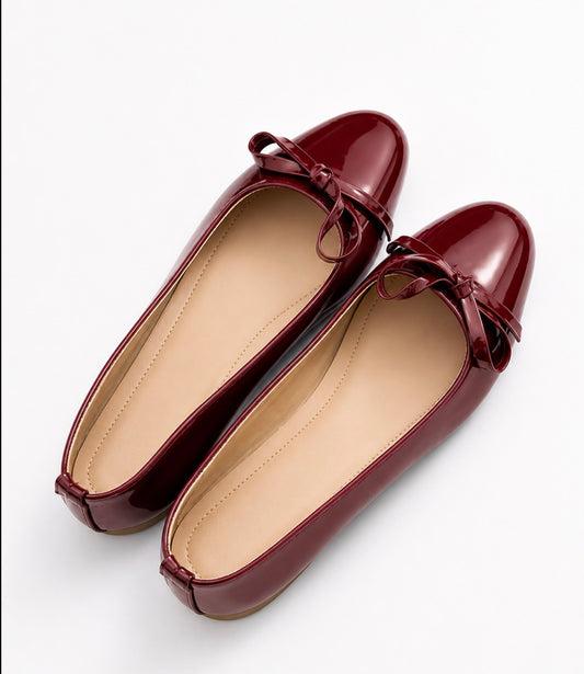 Burgundy Patent Mary Jane Flats with Bow Detail
