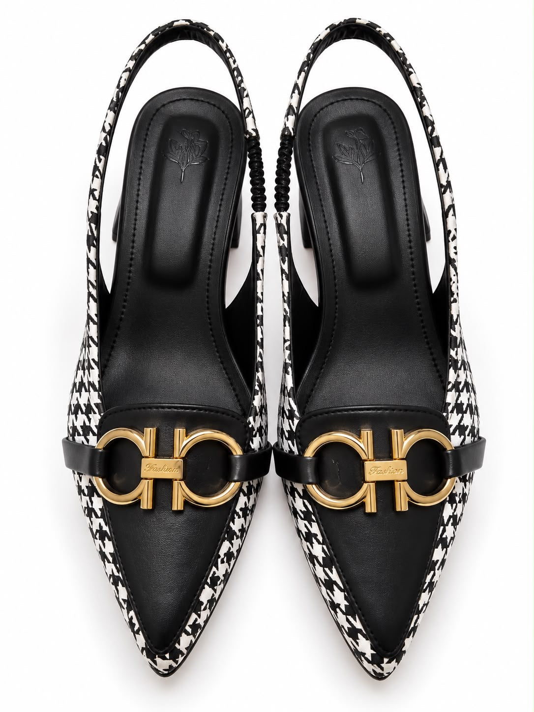 Women’s Black & White Houndstooth Slingback Heels with Gold Buckle
