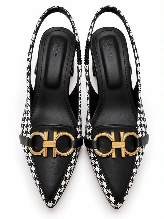 Women’s Black & White Houndstooth Slingback Heels with Gold Buckle