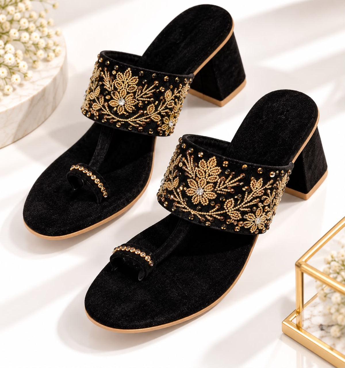 Women’s Black Embellished Toe-Loop Heels – Gold Floral Block Heel Sandals