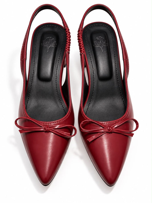 Women’s Burgundy Red Bow Slingback Heels – Pointed Toe Block Heel