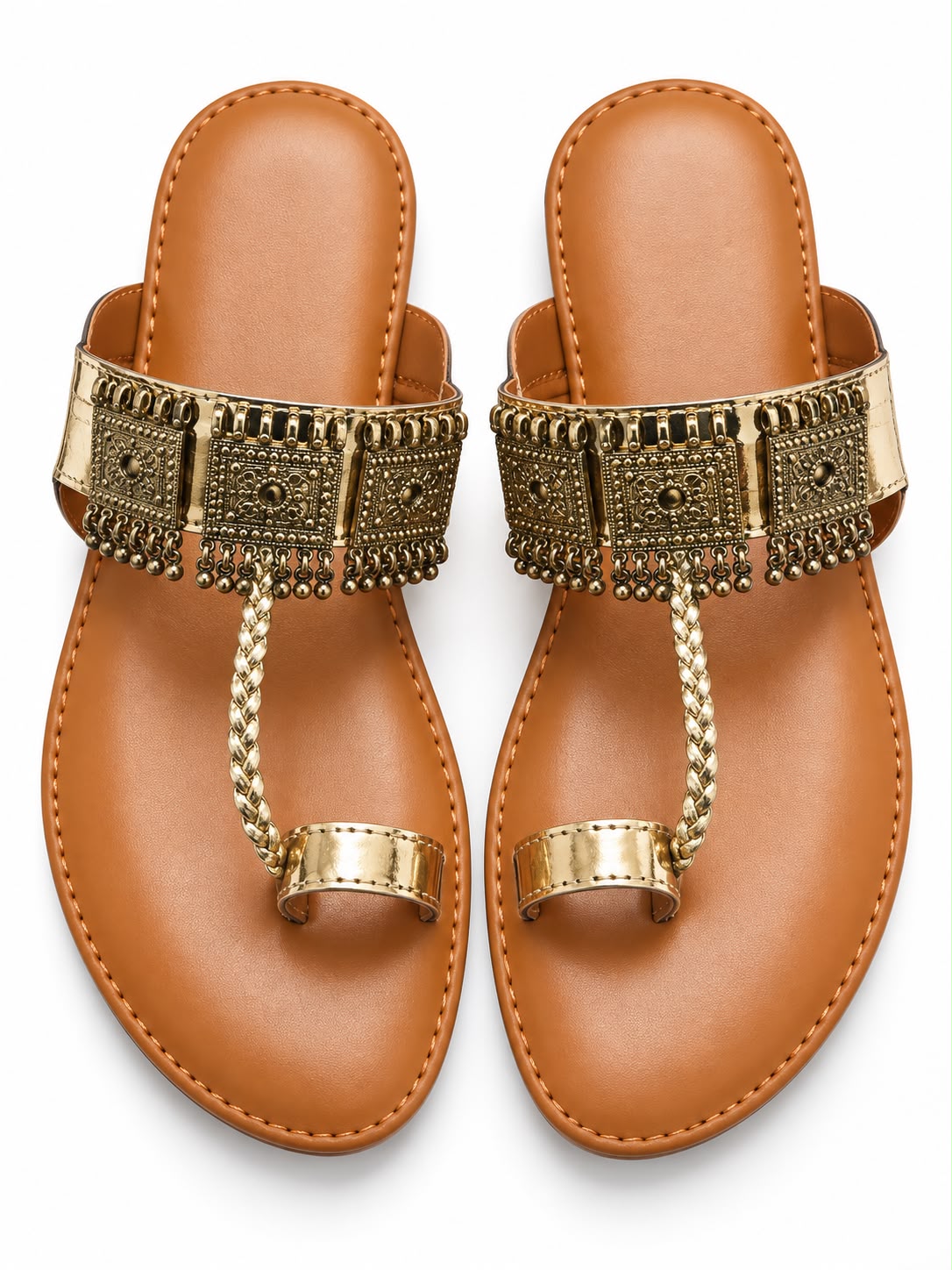 Gold Embellished Toe-Loop Flat Sandals for Women