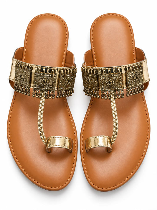 Gold Embellished Toe-Loop Flat Sandals for Women