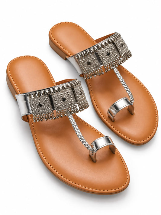 Silver Embellished Toe-Loop Flat Sandals for Women