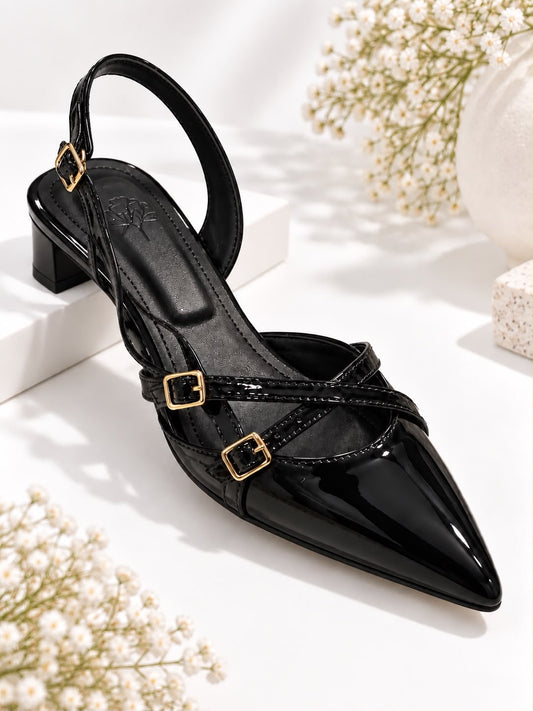 Women’s Black Patent Slingback Heels with Double Buckle Straps
