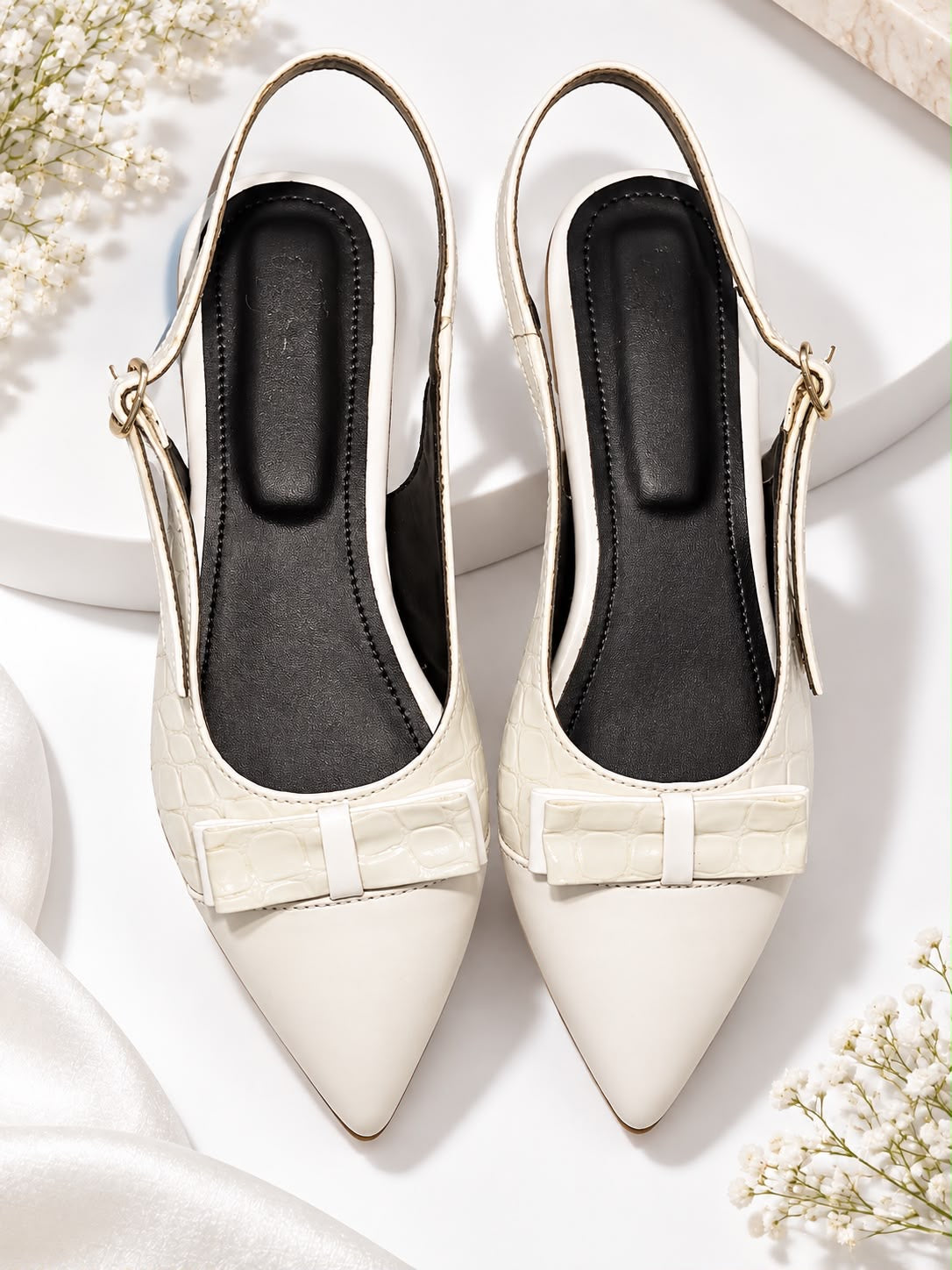 Women’s Ivory Croc-Texture Slingback Heels with Bow Detail