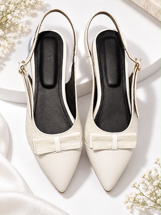 Women’s Ivory Croc-Texture Slingback Heels with Bow Detail