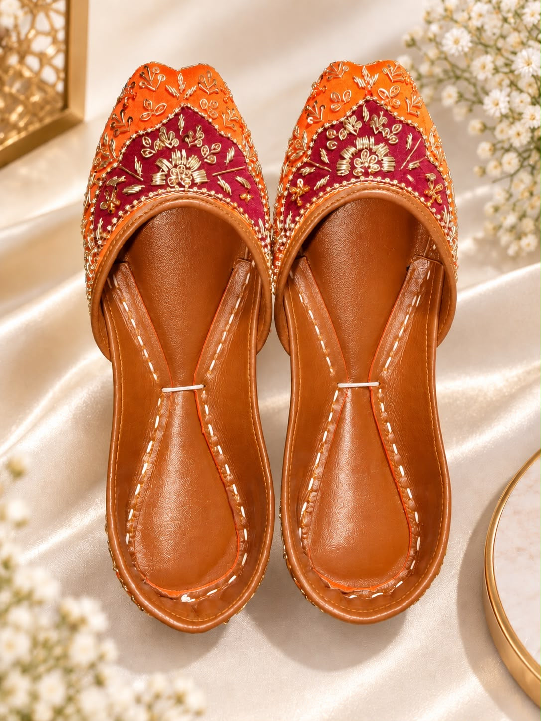 Women’s Orange & Burgundy Embroidered Flats – Beaded Traditional Slip-On