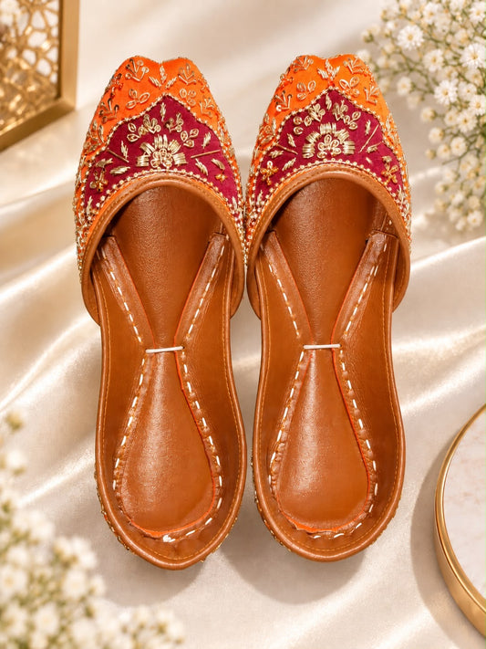Women’s Orange & Burgundy Embroidered Flats – Beaded Traditional Slip-On