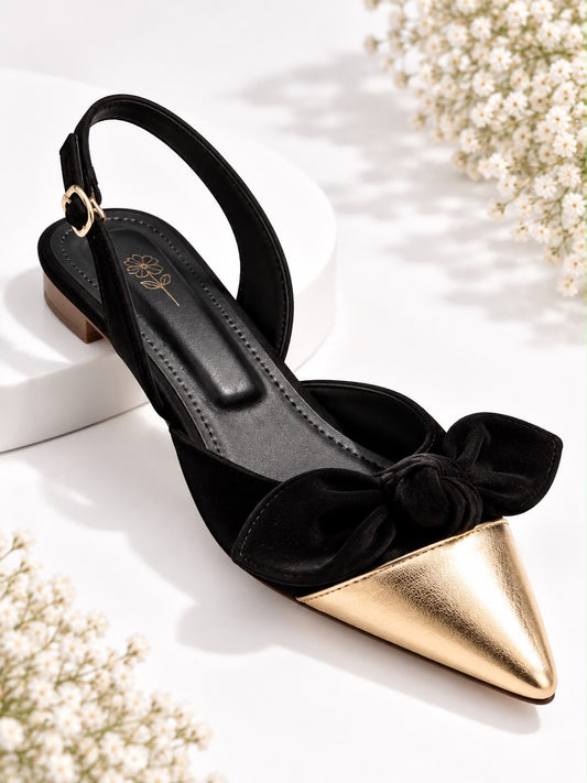 Elegant Bow Pointed Toe Slingback Heels – Black & Gold