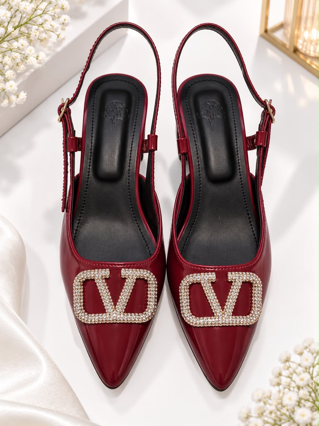 Women’s Burgundy Patent Slingback Heels with Rhinestone Buckle