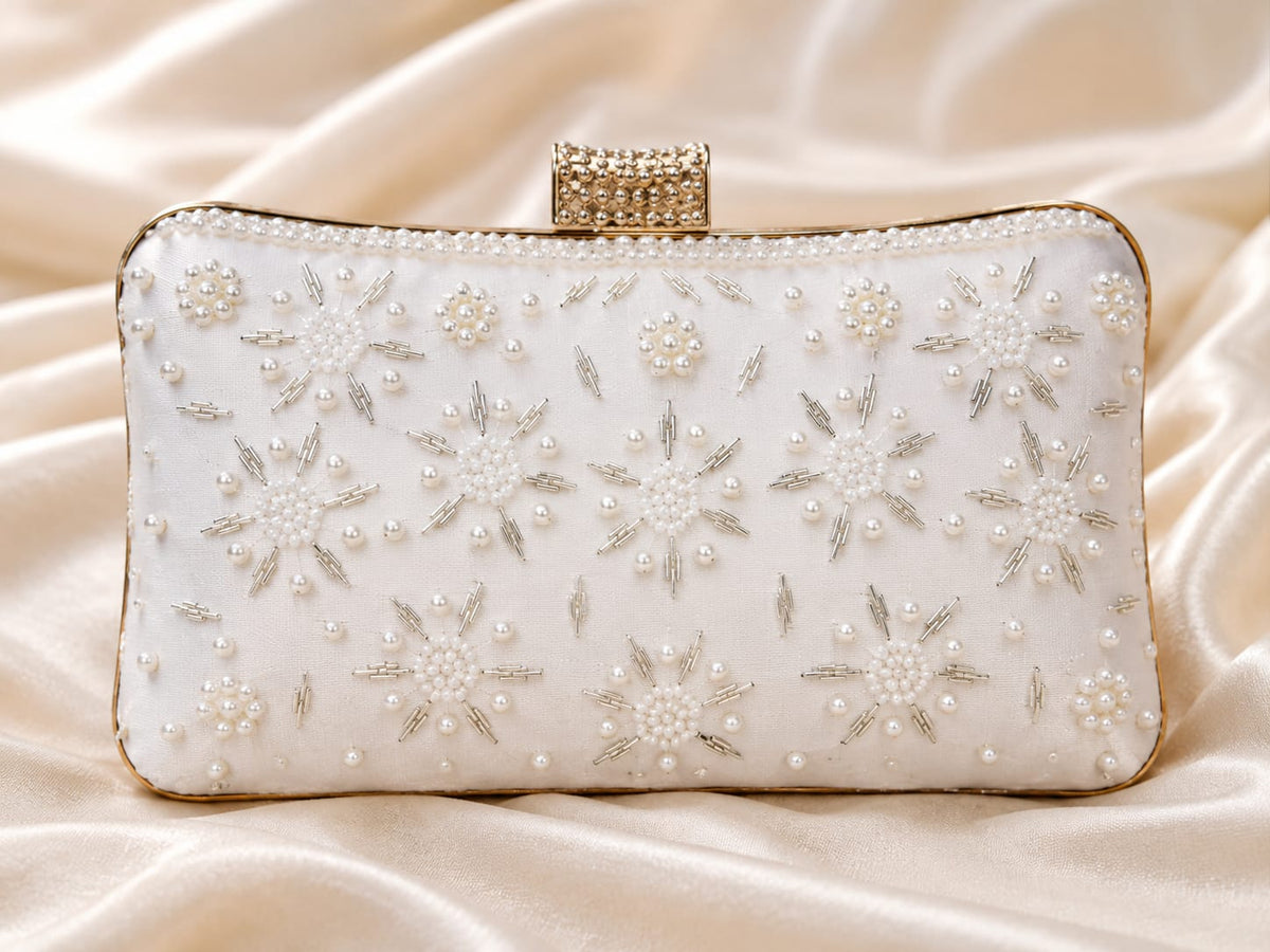 Pearl & Beaded Embroidered Clutch Bag | Elegant White Evening & Wedding Handbag