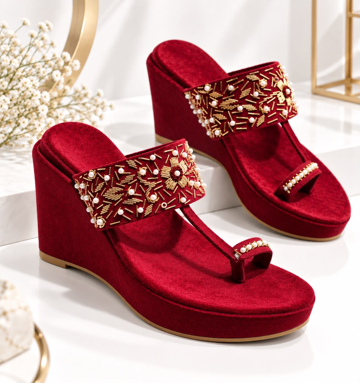 Embellished Red Velvet Wedge Sandals for Women
