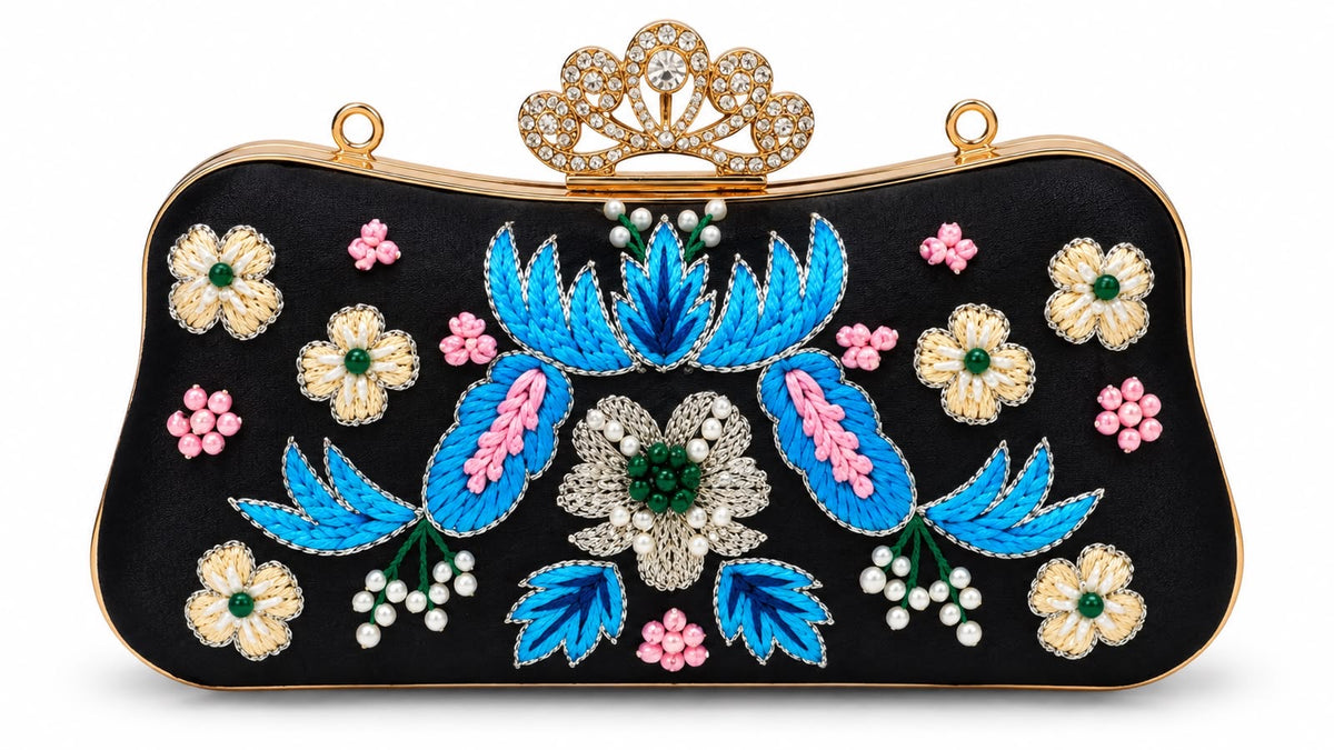 Elegant Floral Beaded Clutch Bag – Blue & Black Evening Purse with Crystal Crown