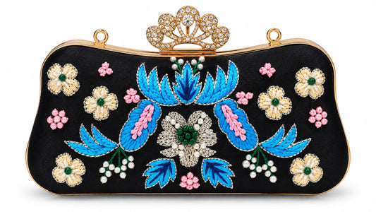 Elegant Floral Beaded Clutch Bag – Blue & Black Evening Purse with Crystal Crown