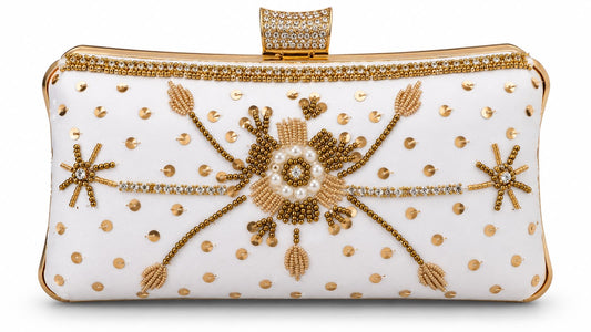 Elegant White & Gold Beaded Clutch Bag – Pearl Embellished Evening Purse