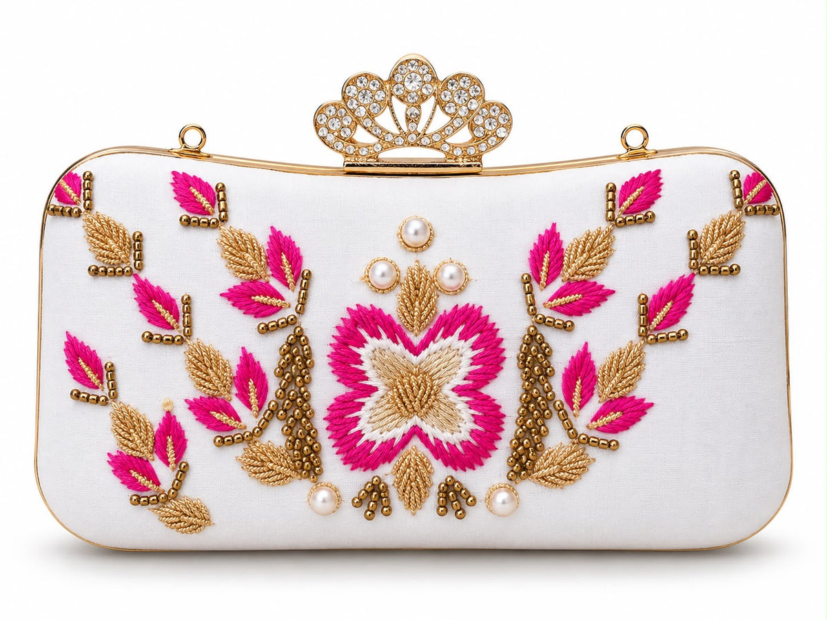 White & Pink Floral Beaded Clutch Bag – Gold Embroidered Evening Purse with Pearl Details