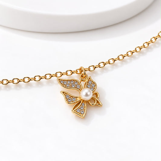 Gold Pearl Floral Charm Anklet with Crystal Detailing