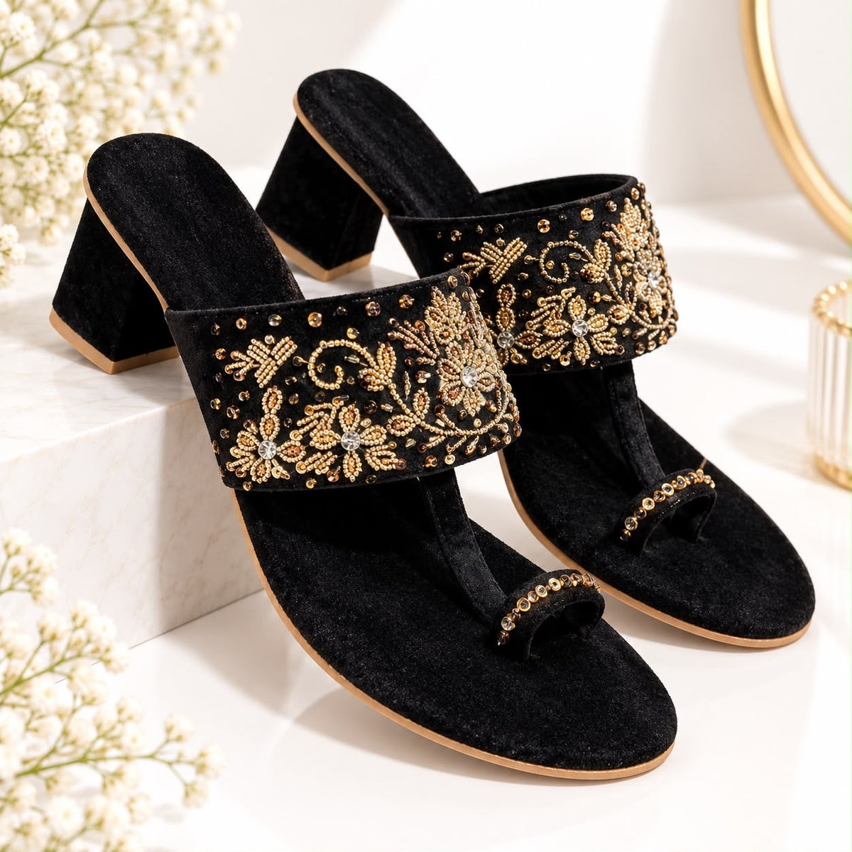 Women’s Black Embellished Toe-Loop Heels – Gold Floral Block Heel Sandals