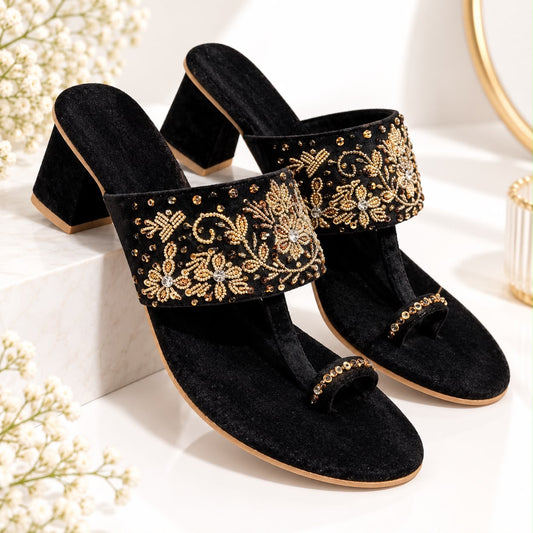 Women’s Black Embellished Toe-Loop Heels – Gold Floral Block Heel Sandals