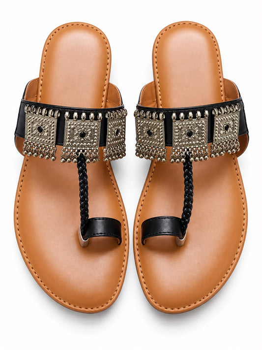 Black Embellished Toe-Loop Flat Sandals for Women
