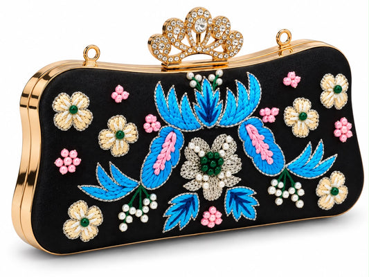 Elegant Floral Beaded Clutch Bag – Blue & Black Evening Purse with Crystal Crown