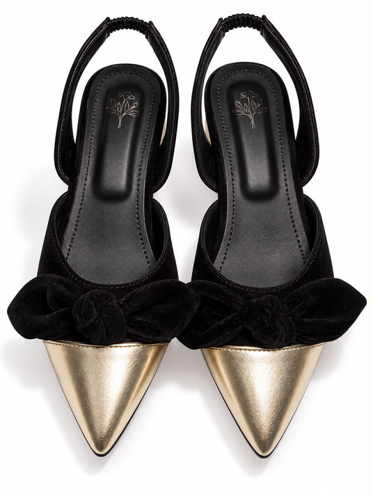 Elegant Bow Pointed Toe Slingback Heels – Black & Gold